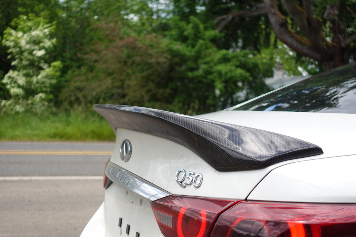 Carbon Fiber Style High Kick Rear Trunk Spoiler For 2014–2024 Infiniti Q50 – ABS, Adhesive Mount, Black Finish